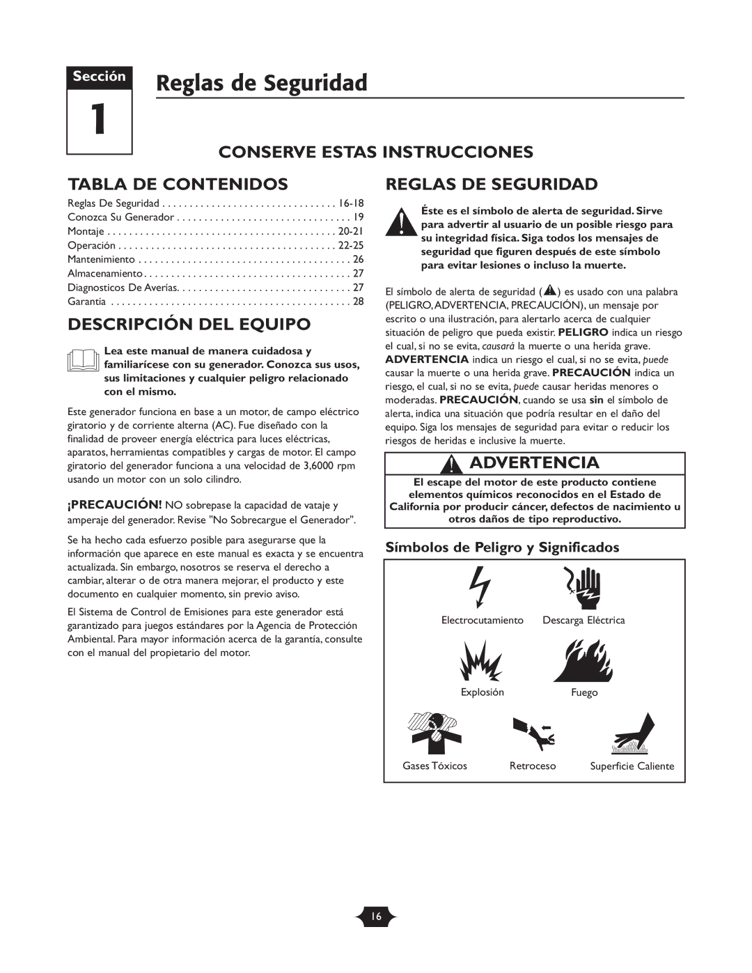 Troy-Bilt 01919-1 Reglas de Seguridad, Conserve Estas Instrucciones Tabla DE Contenidos, Descripción DEL Equipo 