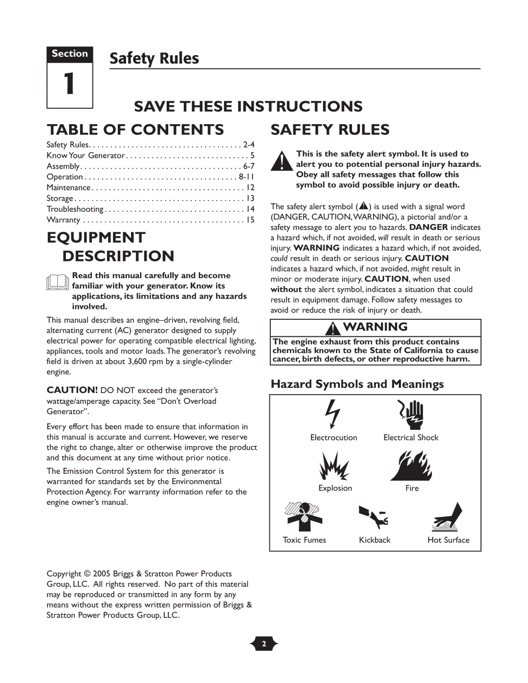 Troy-Bilt 01919-1 owner manual Table of Contents, Equipment Description, Safety Rules 