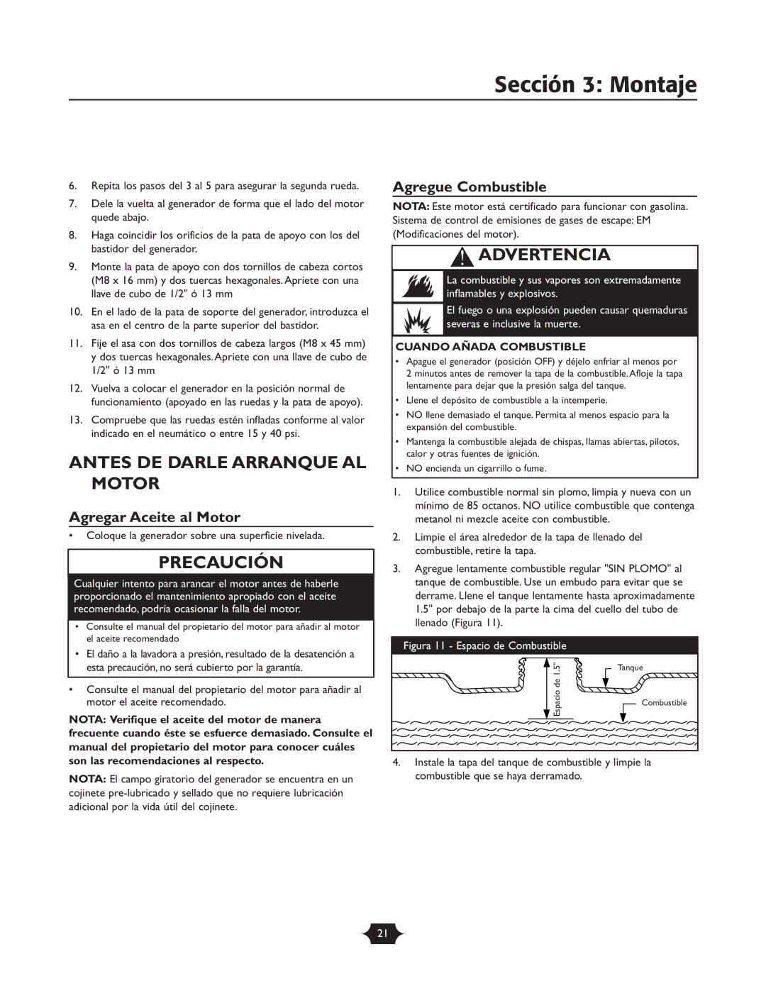 Troy-Bilt 01919-1 Sección 3 Montaje, Antes DE Darle Arranque AL Motor, Agregar Aceite al Motor, Agregue Combustible 