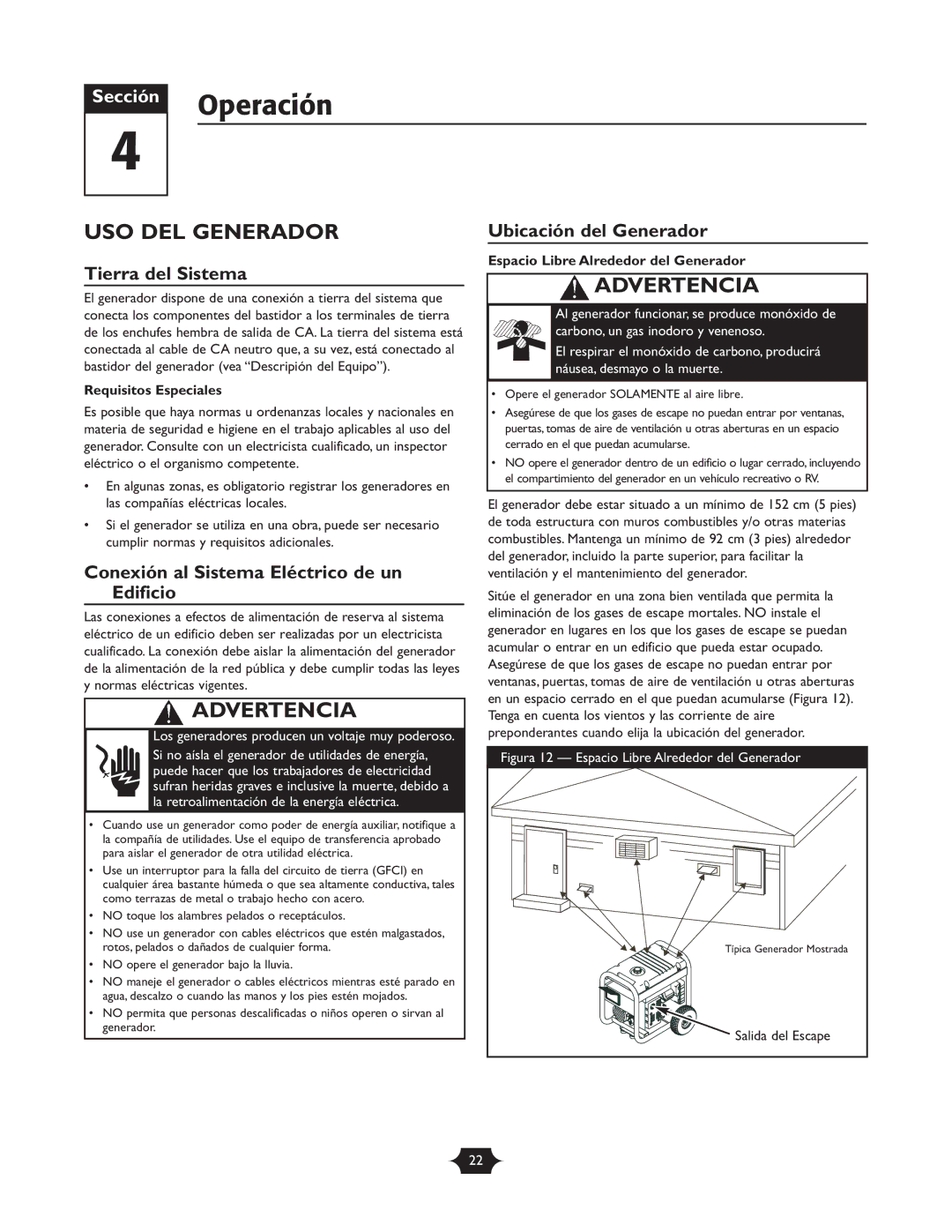 Troy-Bilt 01919-1 Operación, USO DEL Generador, Tierra del Sistema, Conexión al Sistema Eléctrico de un Edificio 