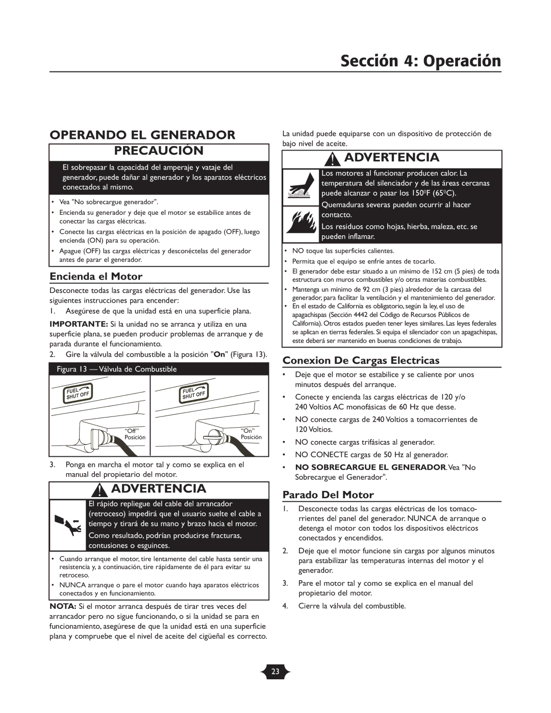 Troy-Bilt 01919-1 Sección 4 Operación, Operando EL Generador Precaución, Encienda el Motor, Conexion De Cargas Electricas 