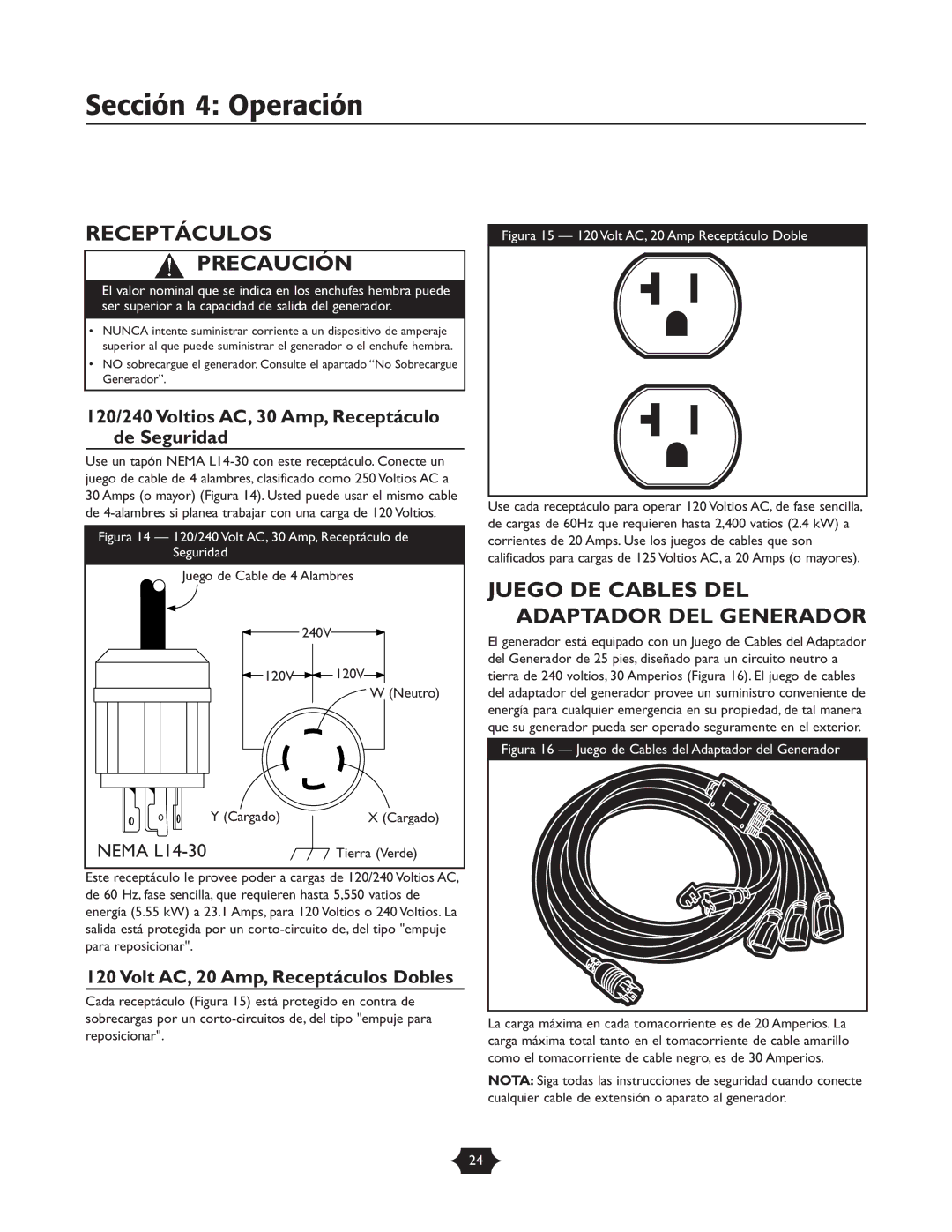 Troy-Bilt 01919-1 owner manual Receptáculos Precaución, Juego DE Cables DEL Adaptador DEL Generador 