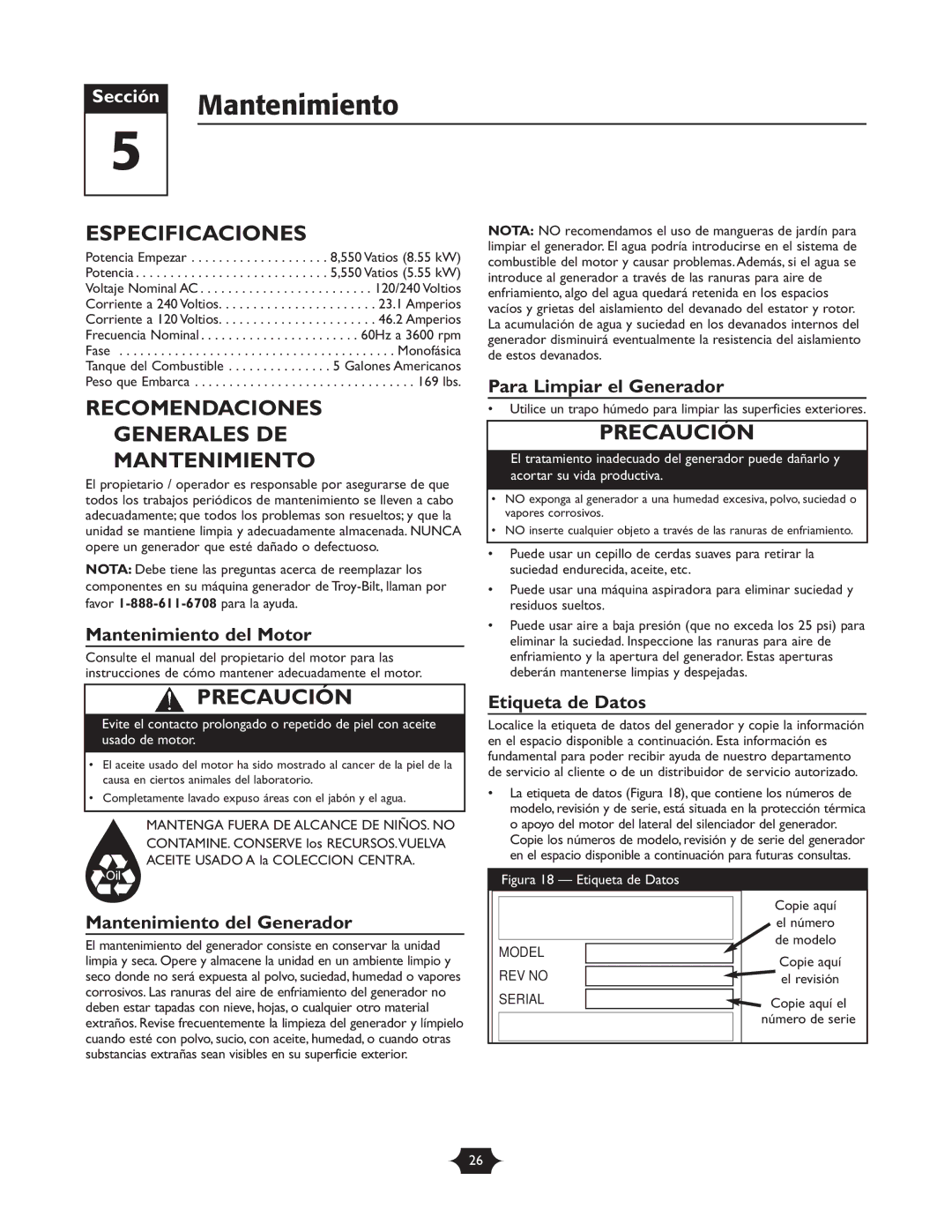 Troy-Bilt 01919-1 owner manual Especificaciones, Recomendaciones Generales DE Mantenimiento 