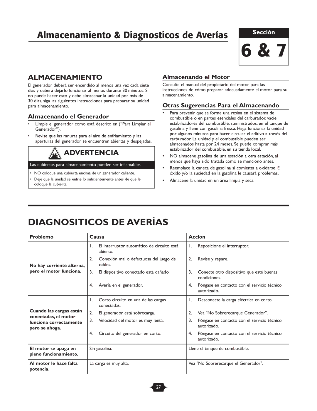 Troy-Bilt 01919-1 owner manual Almacenamiento & Diagnosticos de Averías, Diagnositicos DE Averías 