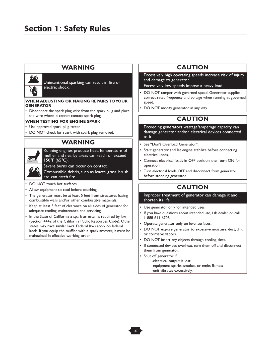 Troy-Bilt 01919-1 owner manual When Adjusting or Making Repairs to Your Generator, When Testing for Engine Spark 