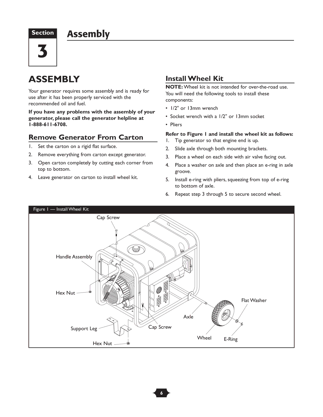 Troy-Bilt 01919-1 Assembly, Remove Generator From Carton, Install Wheel Kit, Refer to and install the wheel kit as follows 