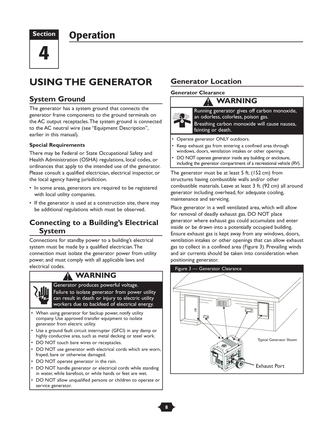 Troy-Bilt 01919-1 Section Operation, Using the Generator, System Ground, Connecting to a Building’s Electrical System 