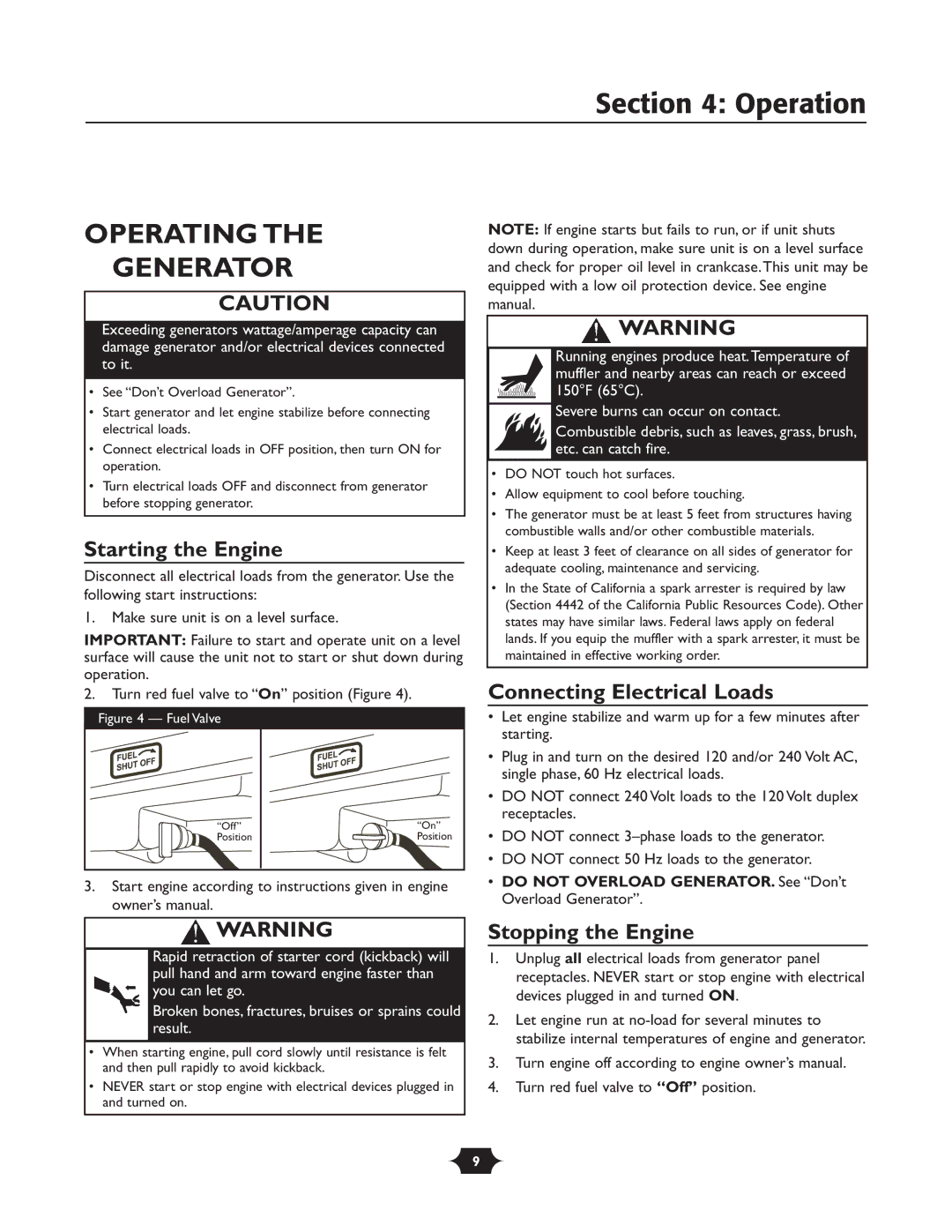 Troy-Bilt 01919-1 Operation, Operating Generator, Starting the Engine, Connecting Electrical Loads, Stopping the Engine 