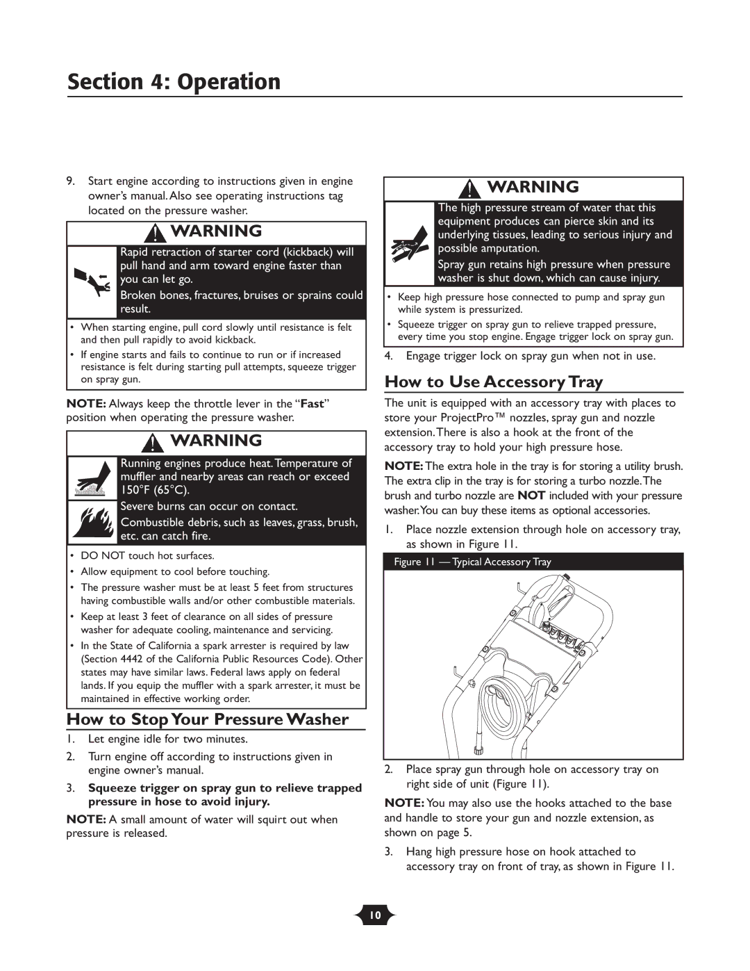 Troy-Bilt 020242-1 owner manual Operation, How to Stop Your Pressure Washer, How to Use Accessory Tray 