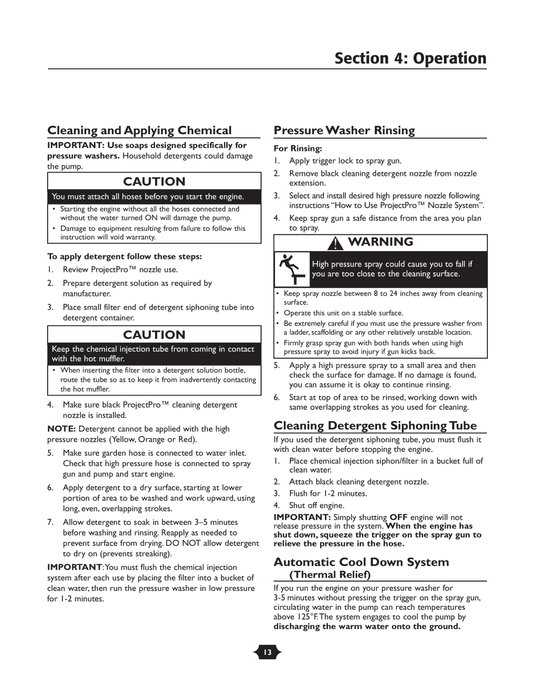 Troy-Bilt 020242-1 owner manual Cleaning and Applying Chemical, Pressure Washer Rinsing, Cleaning Detergent Siphoning Tube 