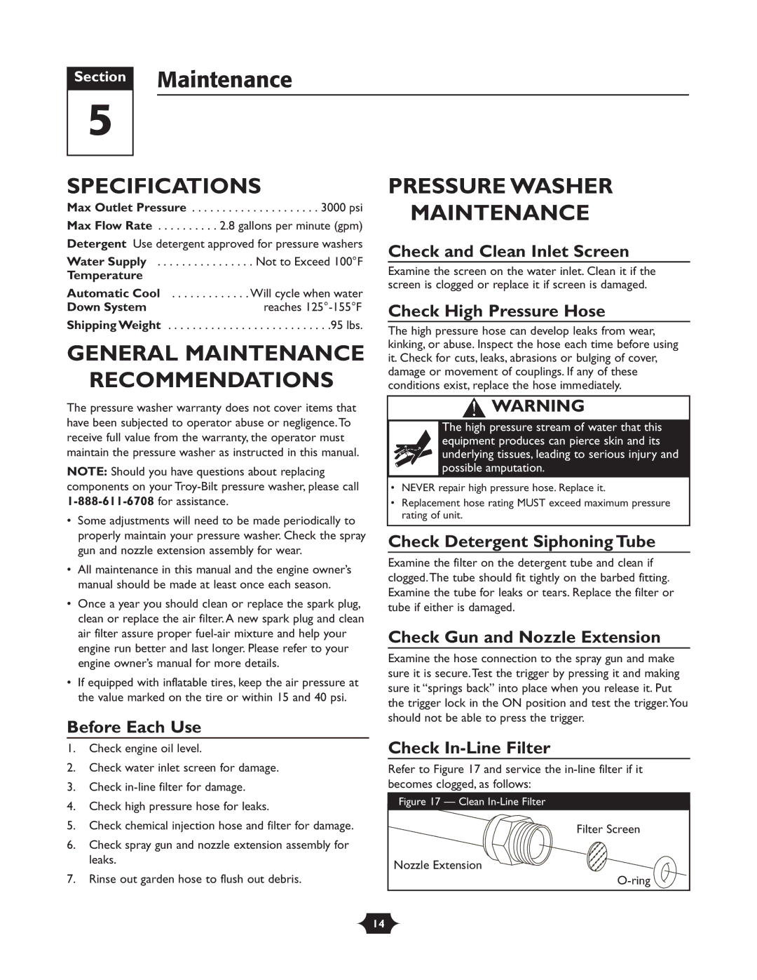 Troy-Bilt 020242-1 Section Maintenance, Specifications, General Maintenance Recommendations, Pressure Washer Maintenance 