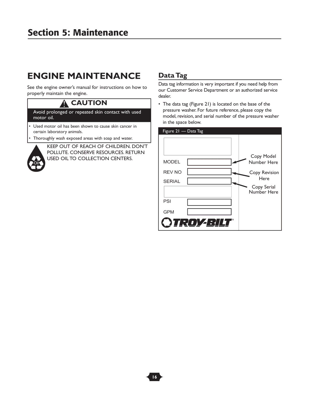 Troy-Bilt 020242-1 owner manual Engine Maintenance, Data Tag 