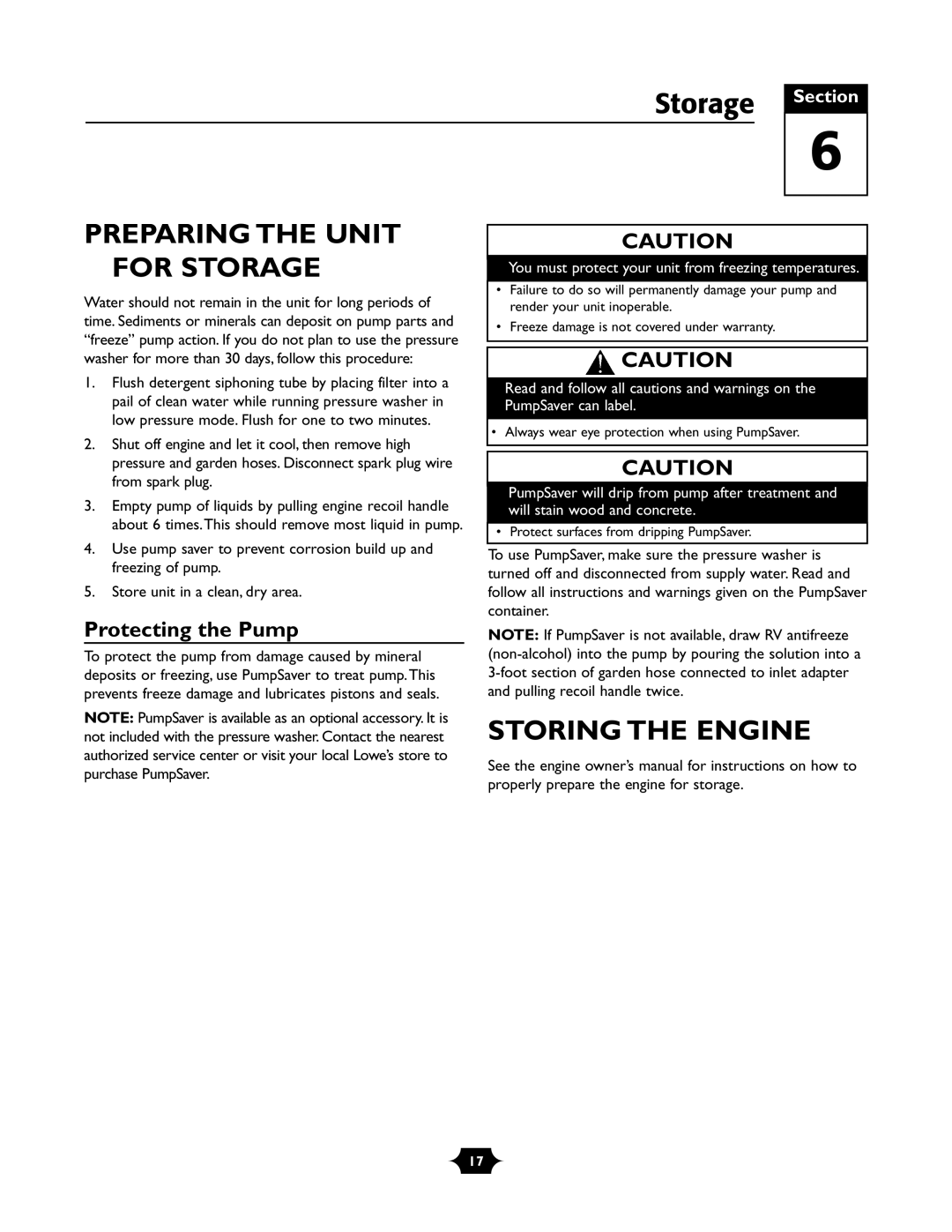 Troy-Bilt 020242-1 owner manual Preparing the Unit for Storage, Storing the Engine, Protecting the Pump 