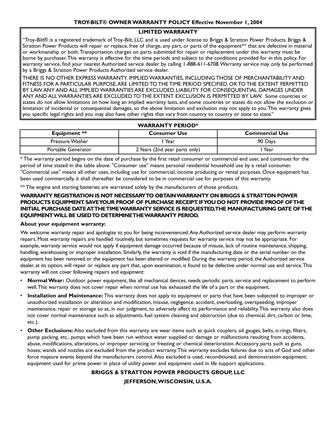 Troy-Bilt 020242-1 owner manual TROY-BILT Owner Warranty Policy Effective November 1, Equipment Consumer Use Commercial Use 