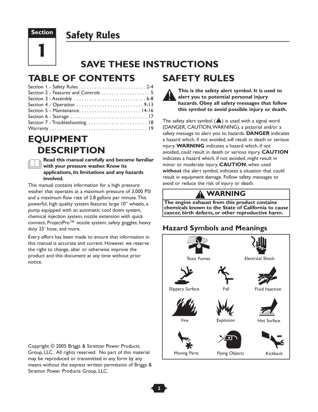 Troy-Bilt 020242-1 owner manual Table of Contents, Equipment Description, Safety Rules 