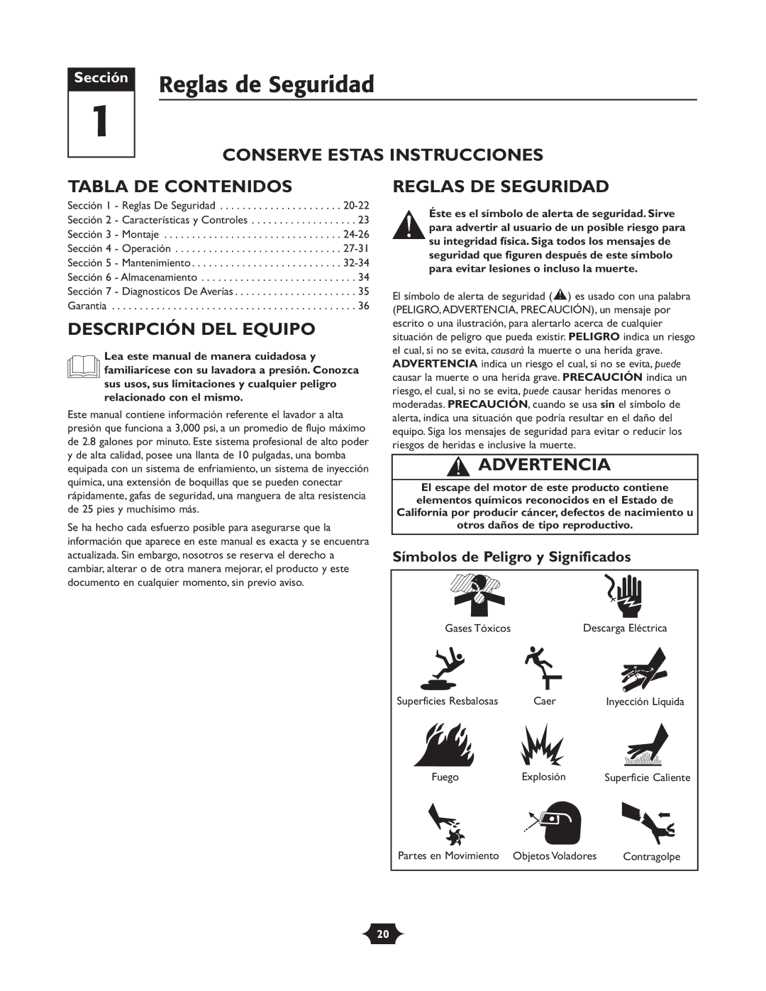 Troy-Bilt 020242-1 Reglas de Seguridad, Conserve Estas Instrucciones Tabla DE Contenidos, Descripción DEL Equipo 