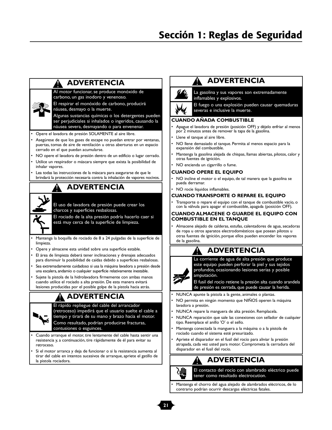 Troy-Bilt 020242-1 owner manual Sección 1 Reglas de Seguridad, Cuando Añada Combustible 