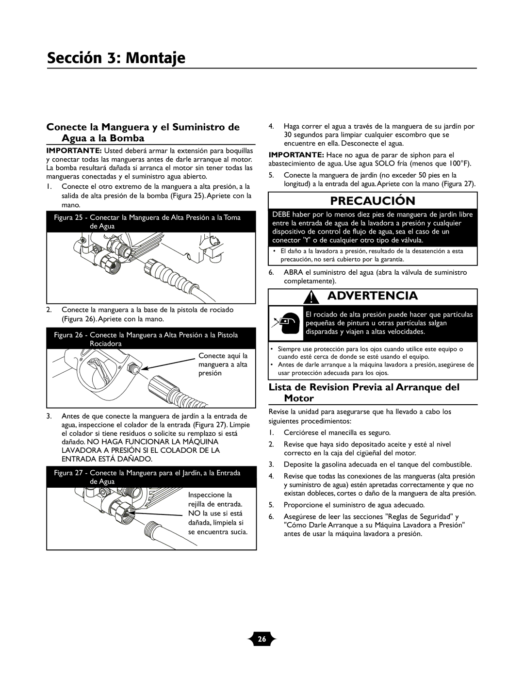 Troy-Bilt 020242-1 Conecte la Manguera y el Suministro de Agua a la Bomba, Lista de Revision Previa al Arranque del Motor 