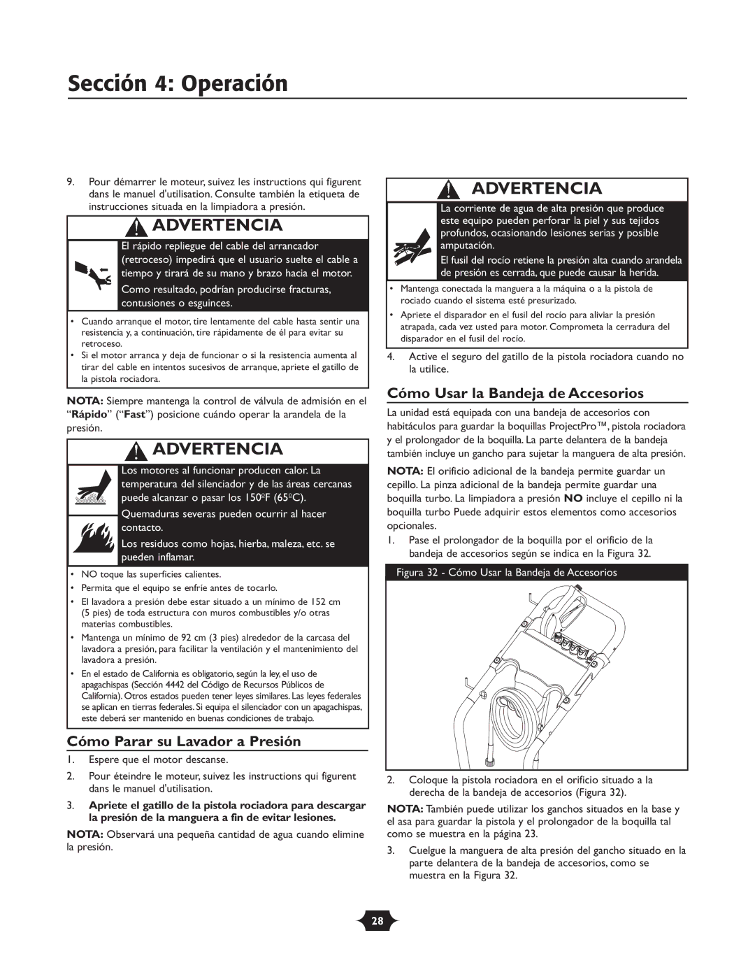 Troy-Bilt 020242-1 owner manual Sección 4 Operación, Cómo Parar su Lavador a Presión, Cómo Usar la Bandeja de Accesorios 