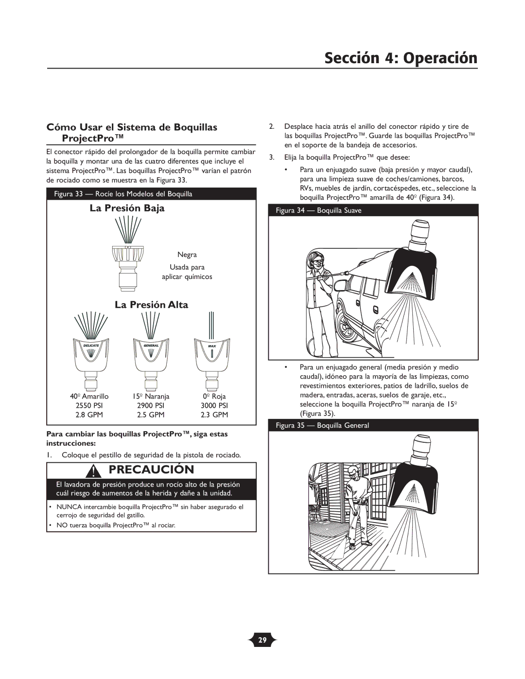 Troy-Bilt 020242-1 owner manual Cómo Usar el Sistema de Boquillas ProjectPro, La Presión Baja, La Presión Alta 