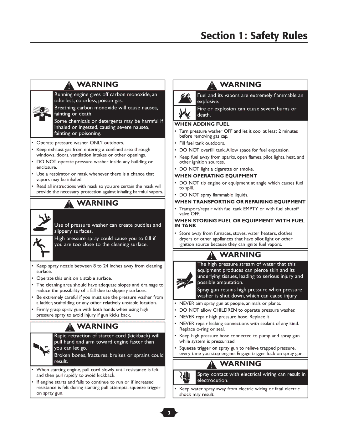 Troy-Bilt 020242-1 owner manual Operate pressure washer only outdoors, When Adding Fuel 