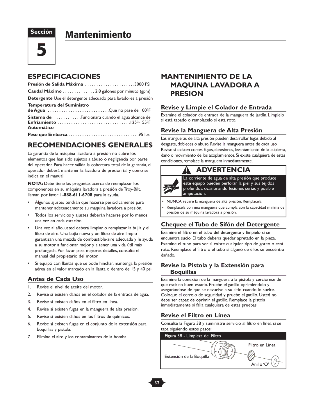 Troy-Bilt 020242-1 owner manual Mantenimiento, Especificaciones, Recomendaciones Generales 