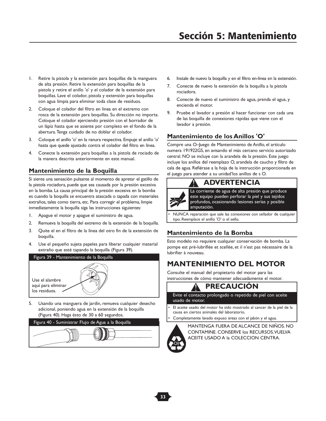 Troy-Bilt 020242-1 owner manual Sección 5 Mantenimiento, Mantenimiento DEL Motor, Mantenimiento de la Boquilla 