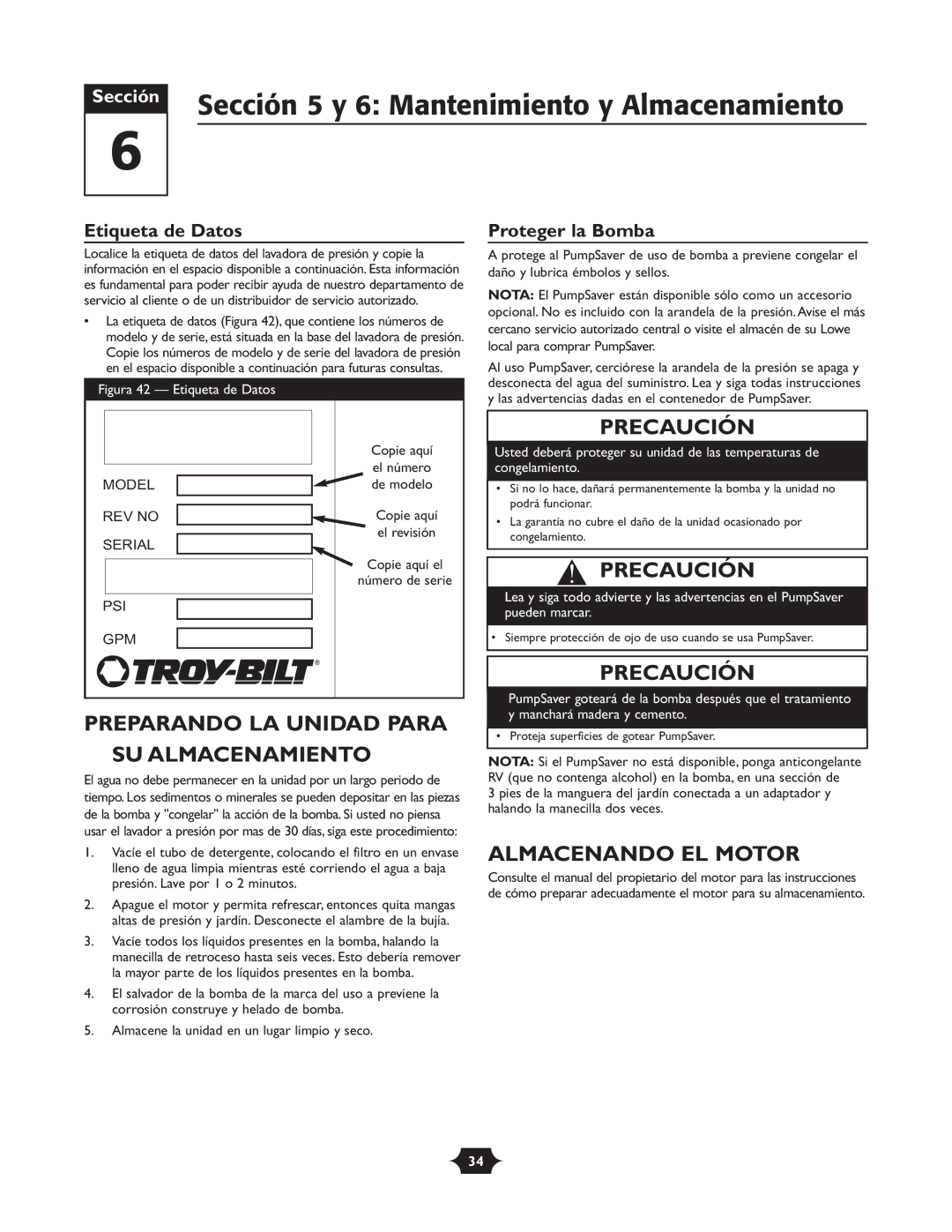 Troy-Bilt 020242-1 owner manual Sección 5 y 6 Mantenimiento y Almacenamiento, Preparando LA Unidad Para SU Almacenamiento 