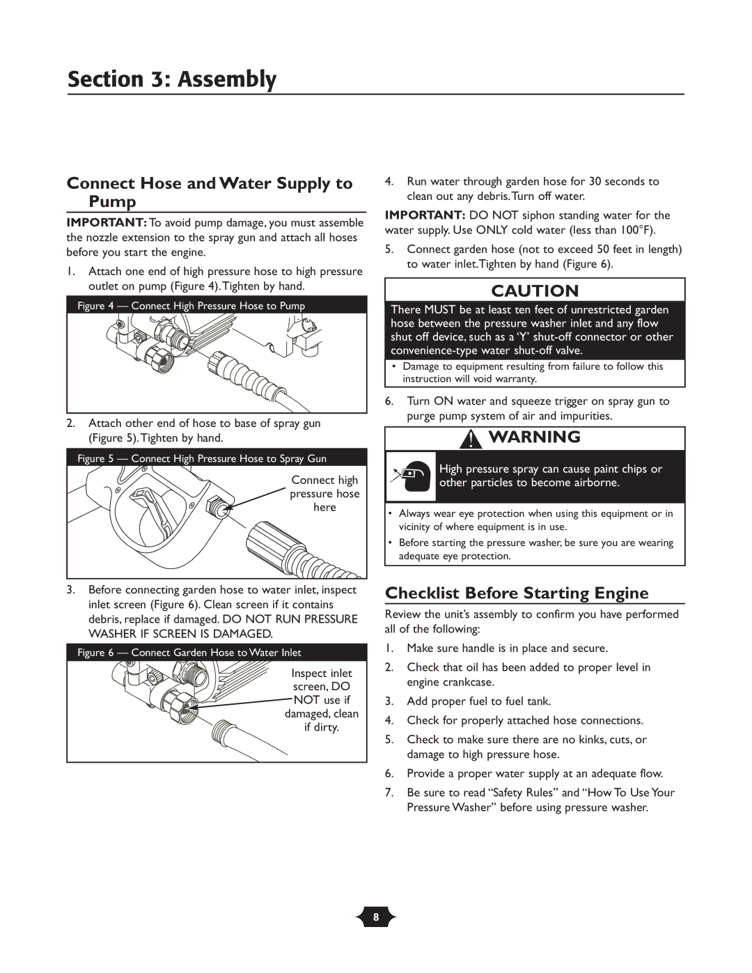 Troy-Bilt 020242-1 Connect Hose and Water Supply to Pump, Checklist Before Starting Engine, Inspect inlet, Screen, do 