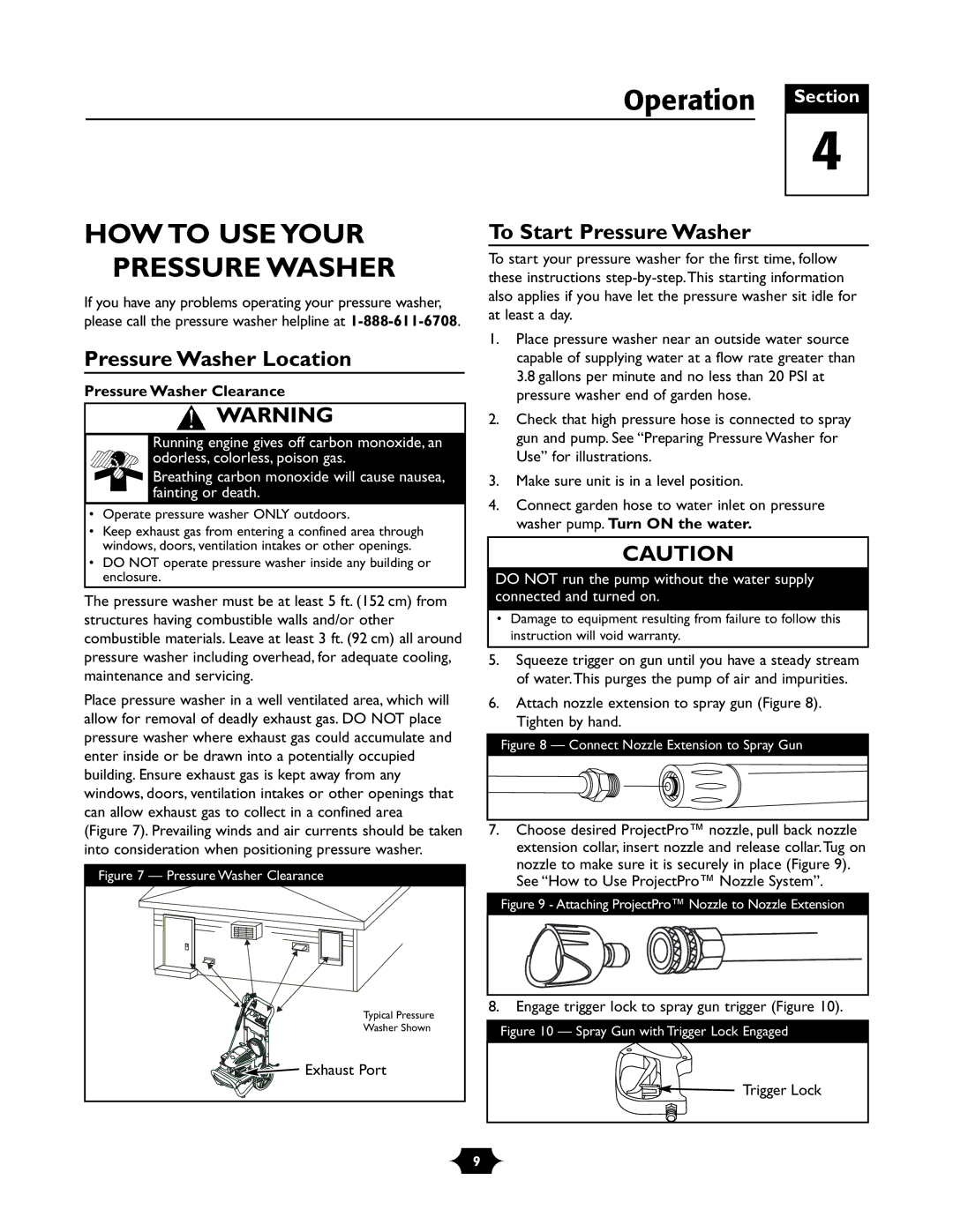 Troy-Bilt 020242-1 Operation Section, HOW to USE Your Pressure Washer, Pressure Washer Location, To Start Pressure Washer 