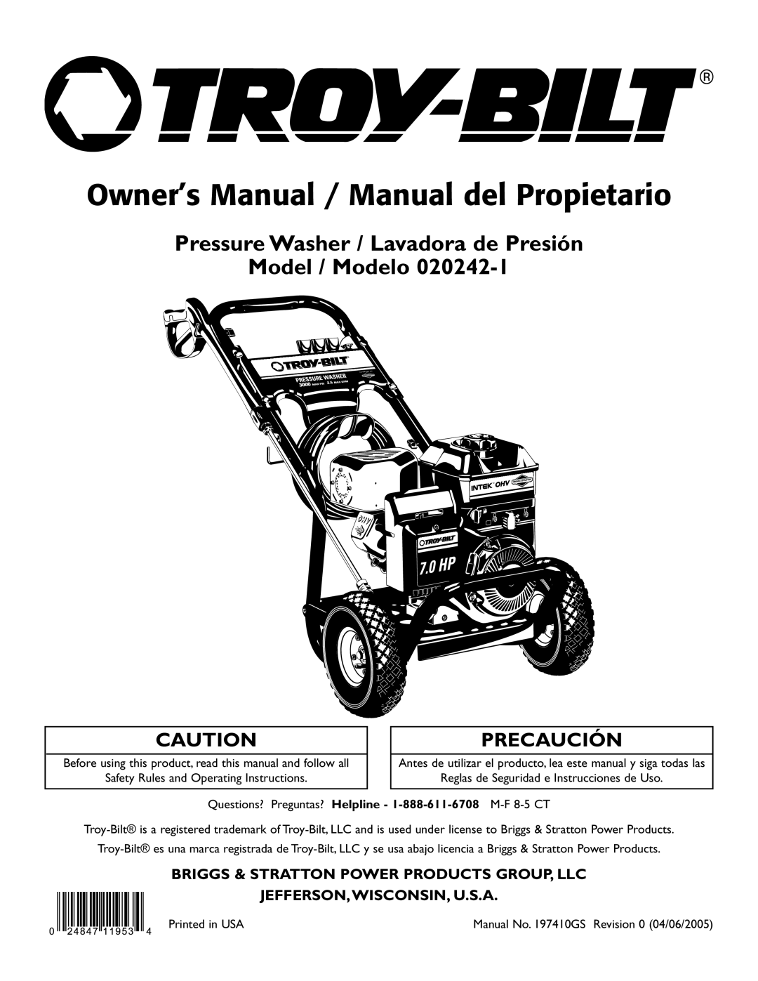 Troy-Bilt 020242-1 owner manual Pressure Washer / Lavadora de Presión Model / Modelo, Jefferson,Wisconsin, U.S.A 