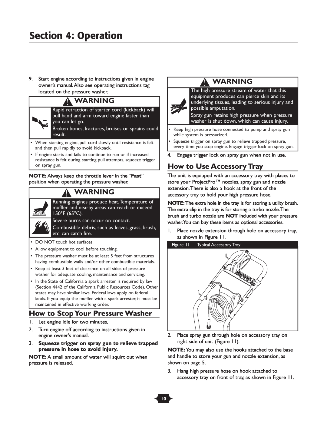 Troy-Bilt 020242-1 owner manual Operation, How to Stop Your Pressure Washer, How to Use Accessory Tray 
