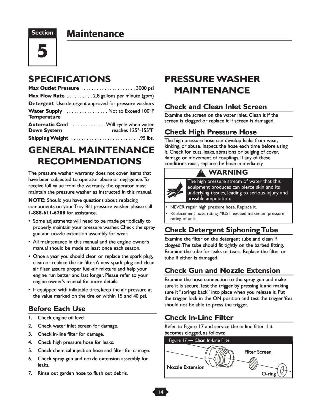 Troy-Bilt 020242-1 Section Maintenance, Specifications, General Maintenance Recommendations, Pressure Washer Maintenance 