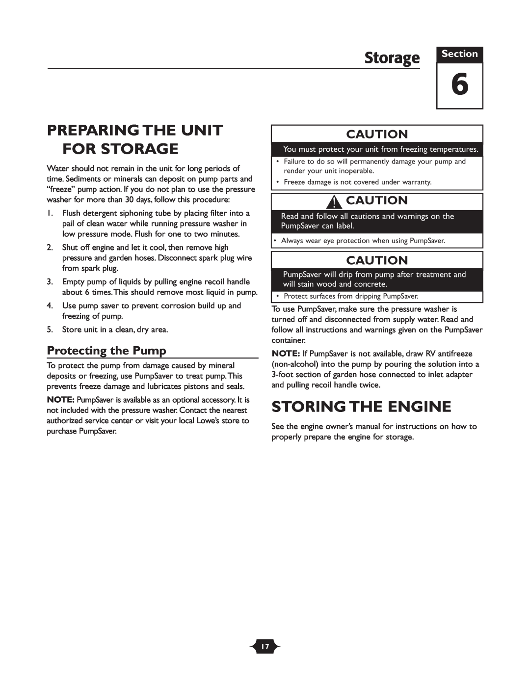 Troy-Bilt 020242-1 owner manual Preparing The Unit For Storage, Storing The Engine, Protecting the Pump, Section 