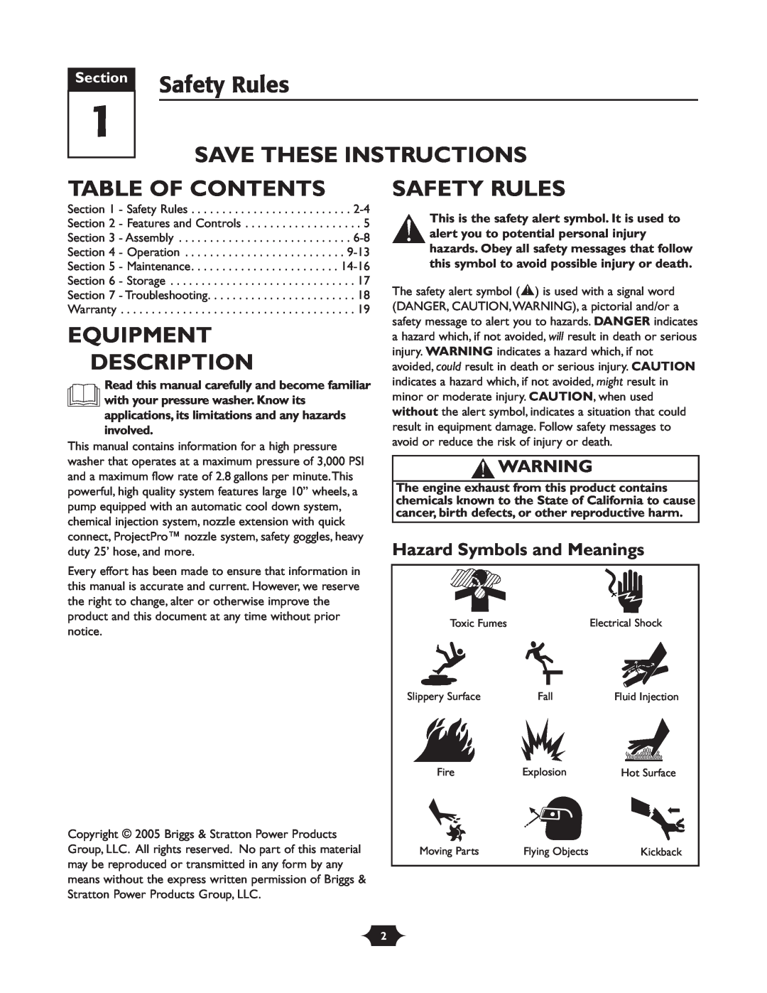 Troy-Bilt 020242-1 owner manual Safety Rules, Save These Instructions, Table Of Contents, Equipment Description, Section 