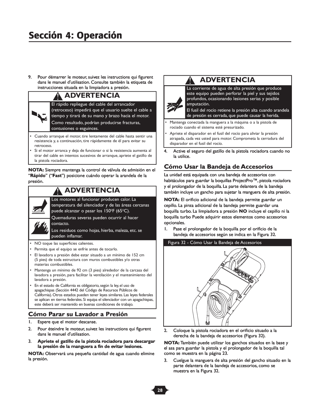 Troy-Bilt 020242-1 Sección 4 Operación, Cómo Parar su Lavador a Presión, Cómo Usar la Bandeja de Accesorios, Advertencia 