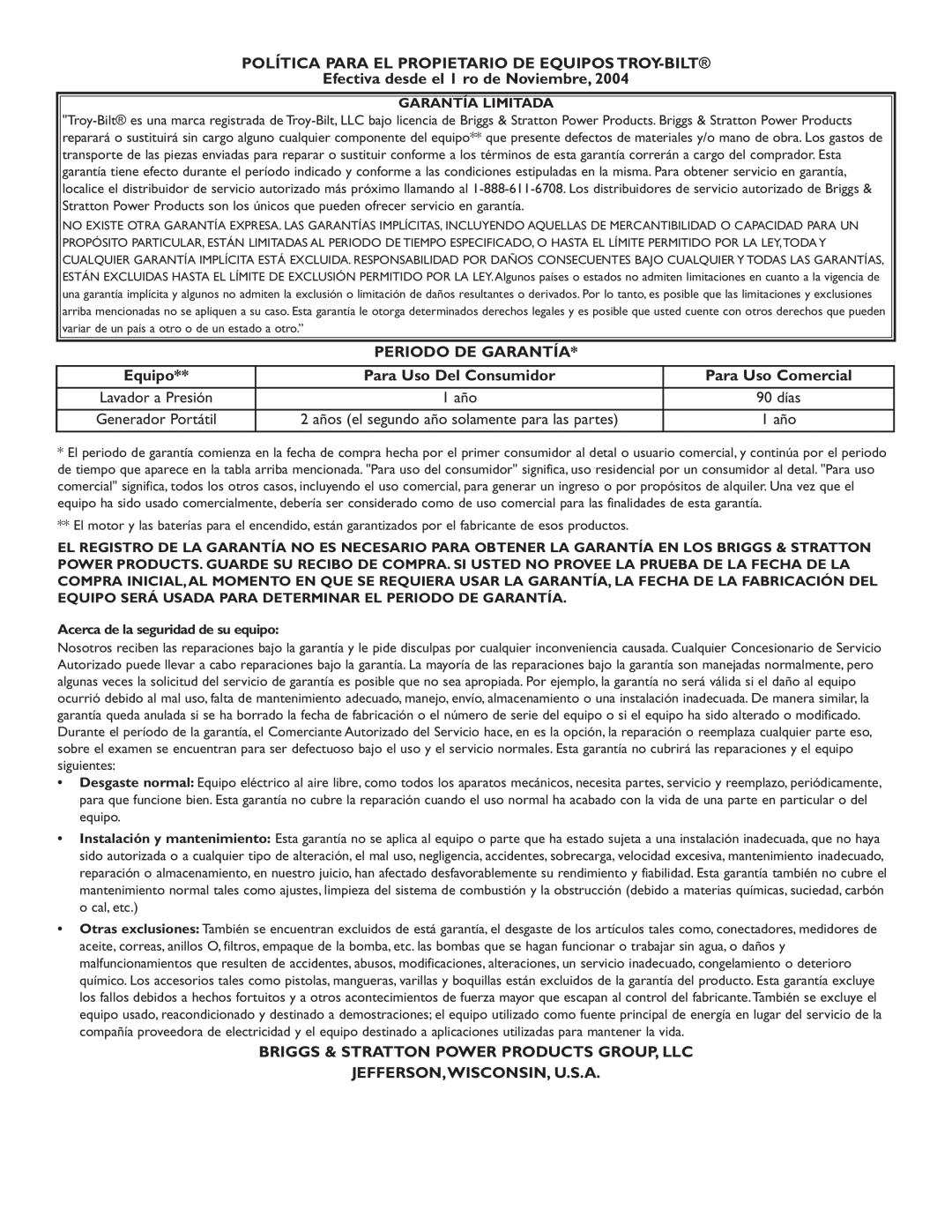Troy-Bilt 020242-1 owner manual Política Para El Propietario De Equipos Troy-Bilt, Efectiva desde el 1 ro de Noviembre 