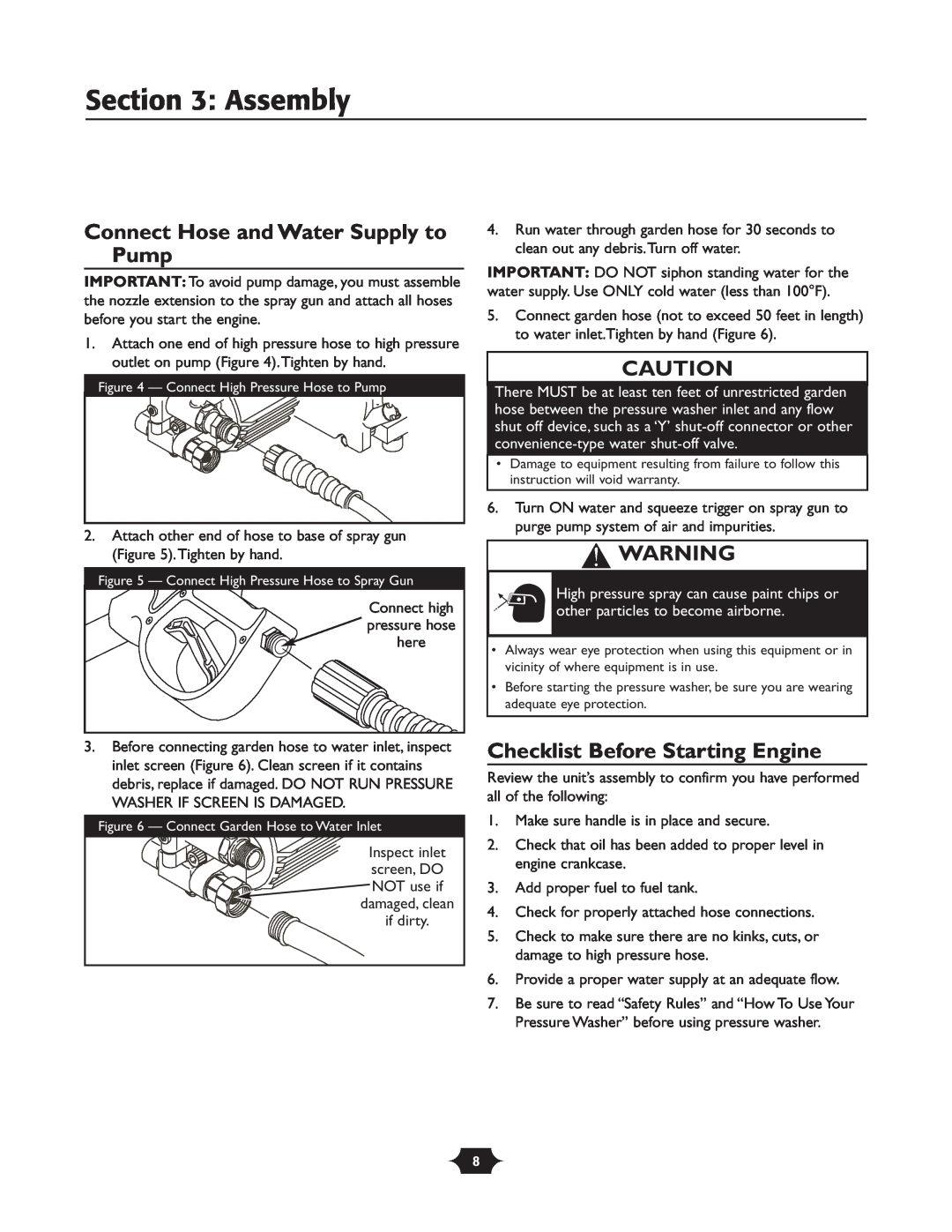Troy-Bilt 020242-1 owner manual Connect Hose and Water Supply to Pump, Checklist Before Starting Engine, Assembly 