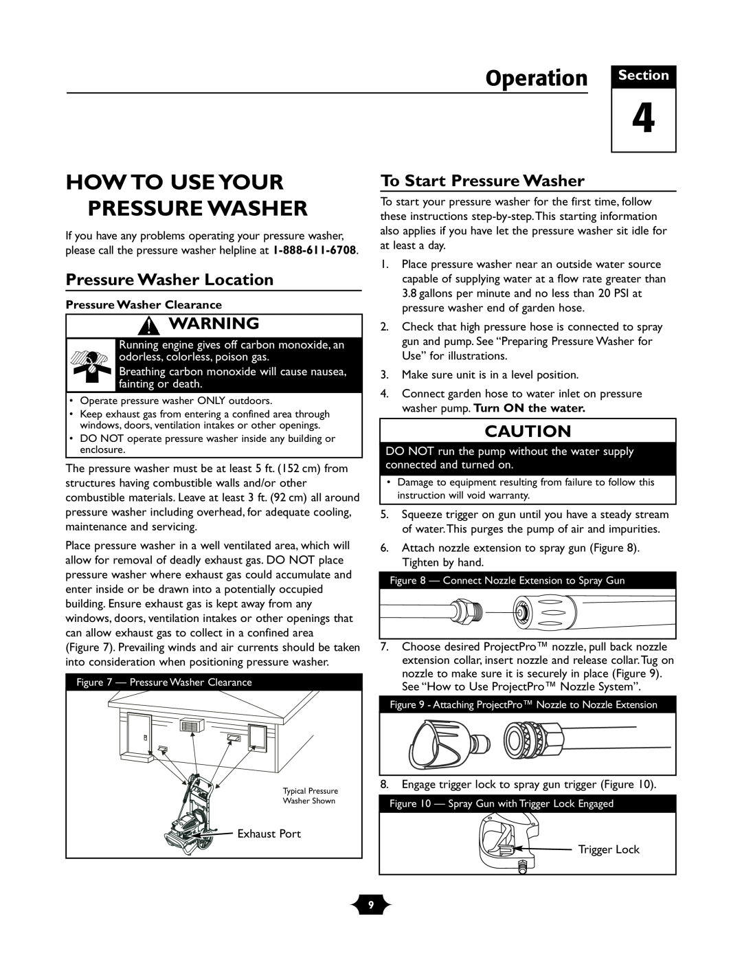 Troy-Bilt 020242-1 Operation Section, How To Use Your Pressure Washer, Pressure Washer Location, To Start Pressure Washer 