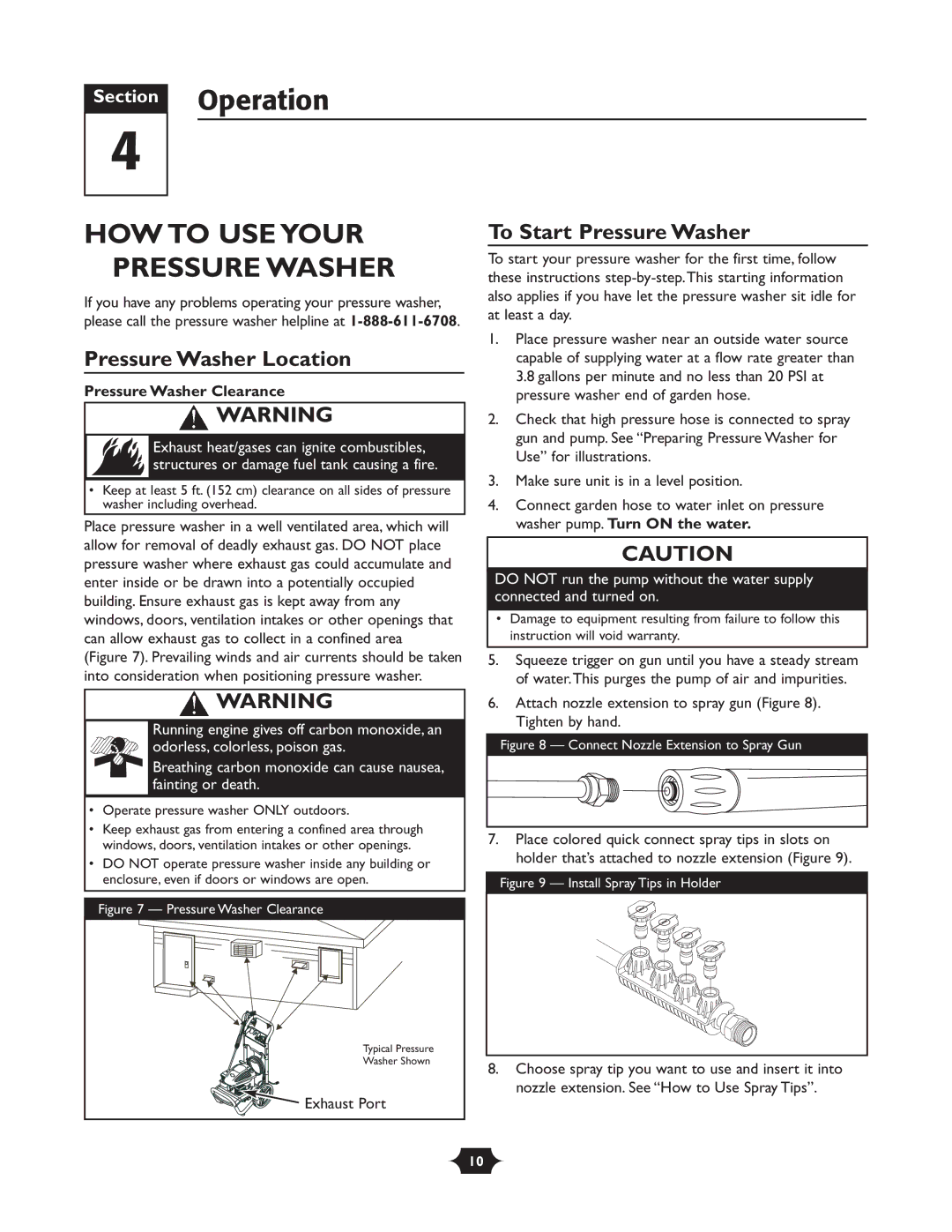 Troy-Bilt 020242-4 Section Operation, HOW to USE Your Pressure Washer, Pressure Washer Location, To Start Pressure Washer 