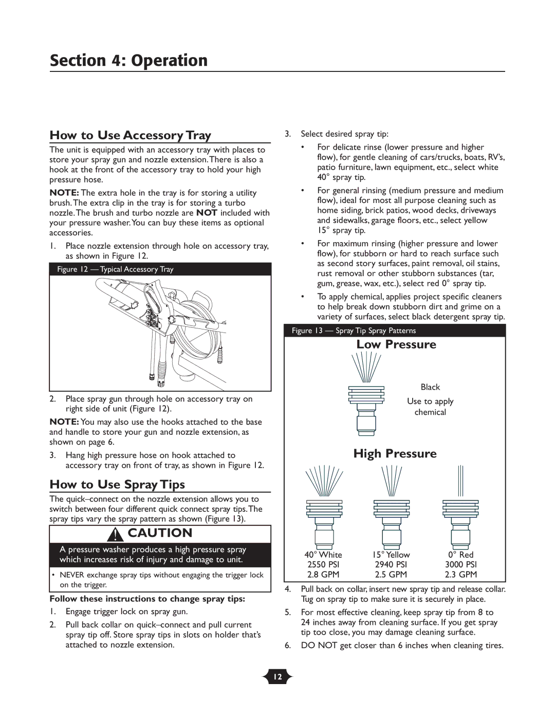 Troy-Bilt 020242-4 manual How to Use Accessory Tray, How to Use Spray Tips, Low Pressure, High Pressure 