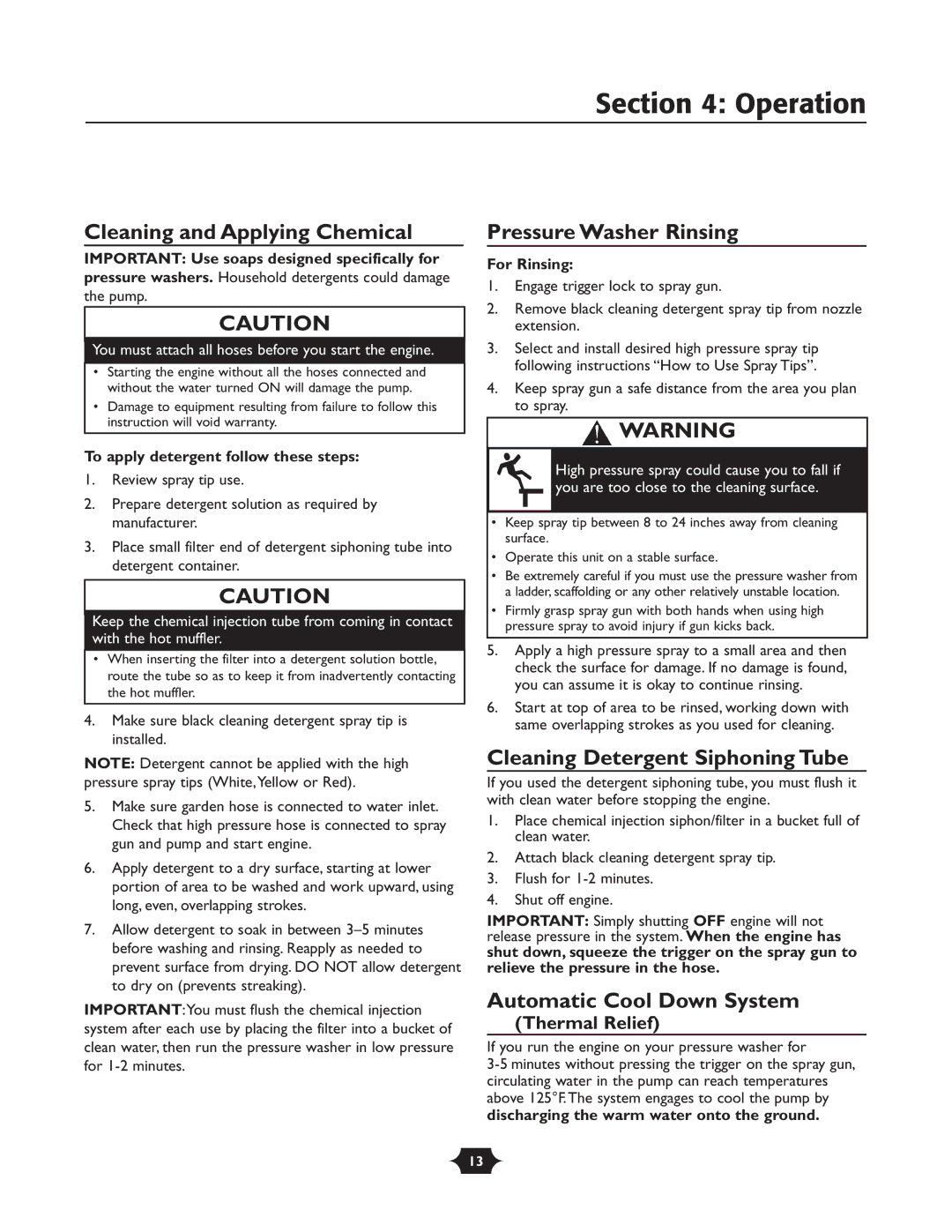 Troy-Bilt 020242-4 manual Cleaning and Applying Chemical, Pressure Washer Rinsing, Cleaning Detergent Siphoning Tube 