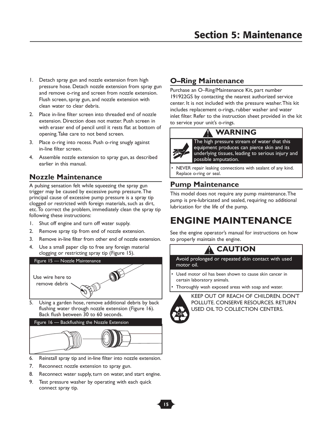 Troy-Bilt 020242-4 manual Engine Maintenance, Nozzle Maintenance, Ring Maintenance, Pump Maintenance 