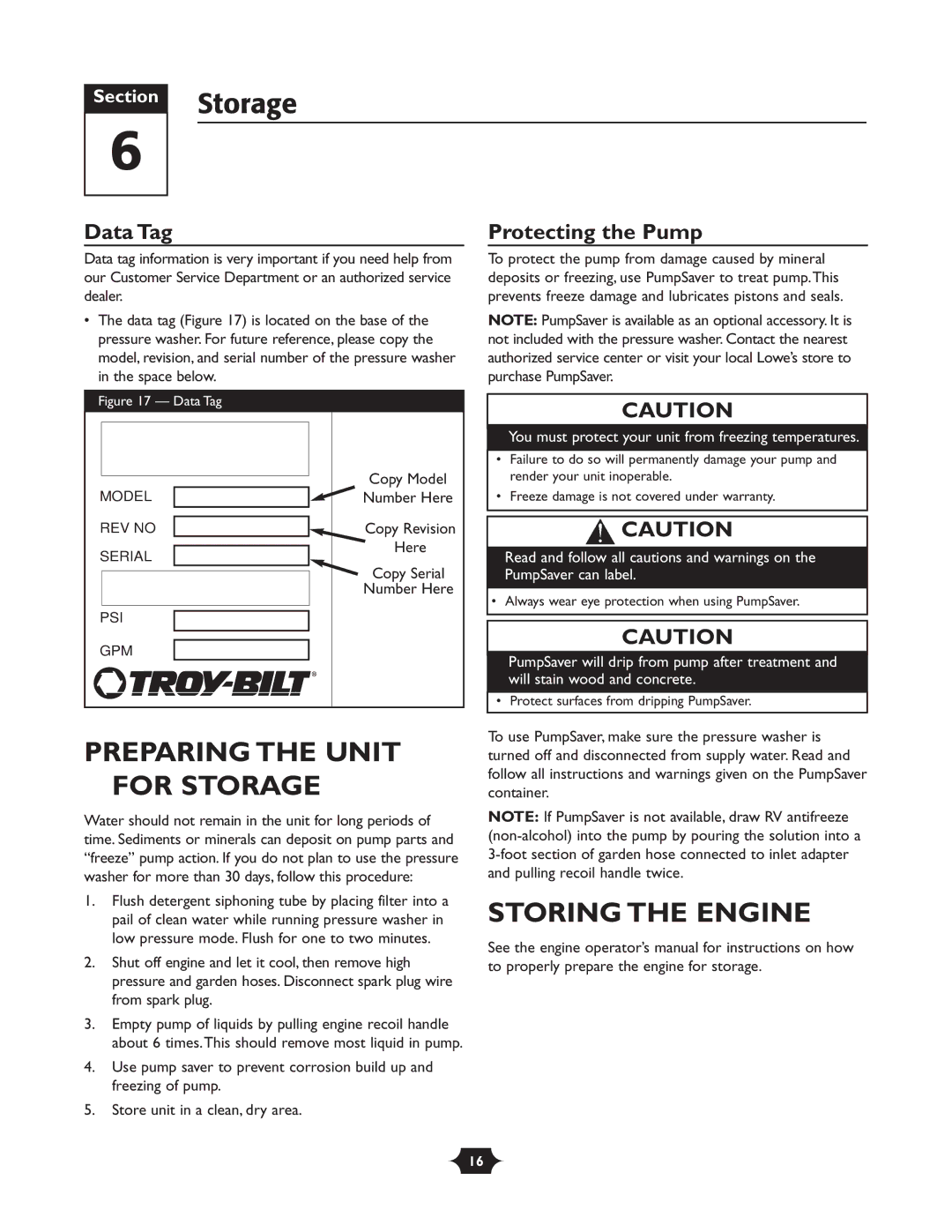 Troy-Bilt 020242-4 manual Preparing the Unit for Storage, Storing the Engine, Data Tag, Protecting the Pump 