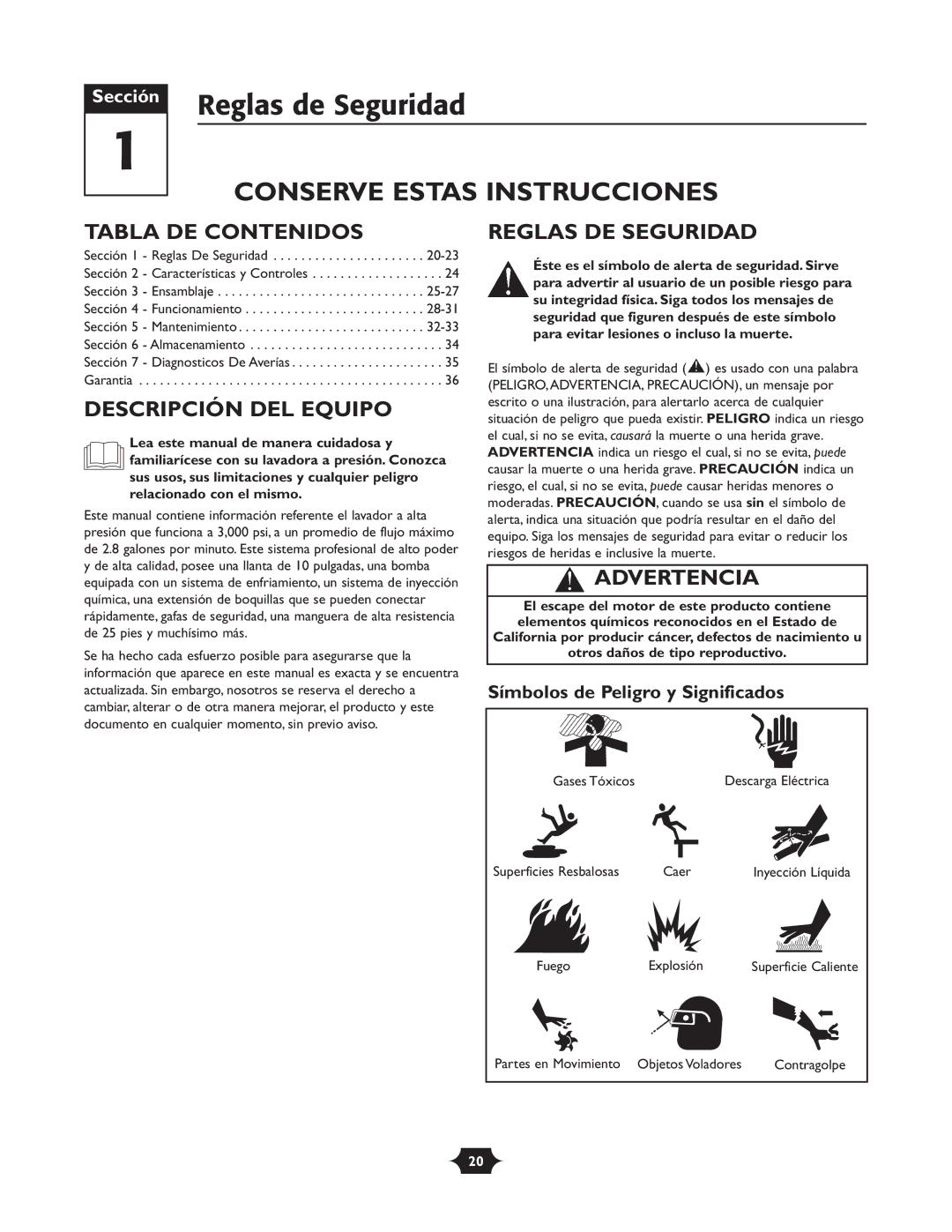 Troy-Bilt 020242-4 Reglas de Seguridad, Tabla DE Contenidos, Descripción DEL Equipo, Reglas DE Seguridad, Advertencia 