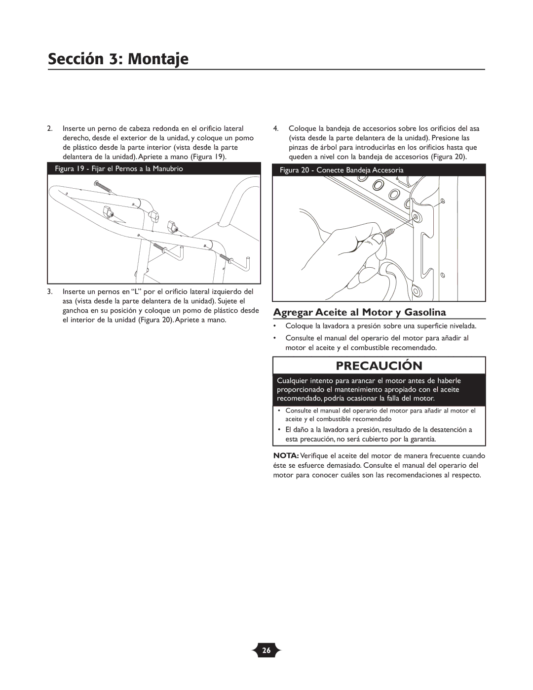 Troy-Bilt 020242-4 manual Sección 3 Montaje, Agregar Aceite al Motor y Gasolina 