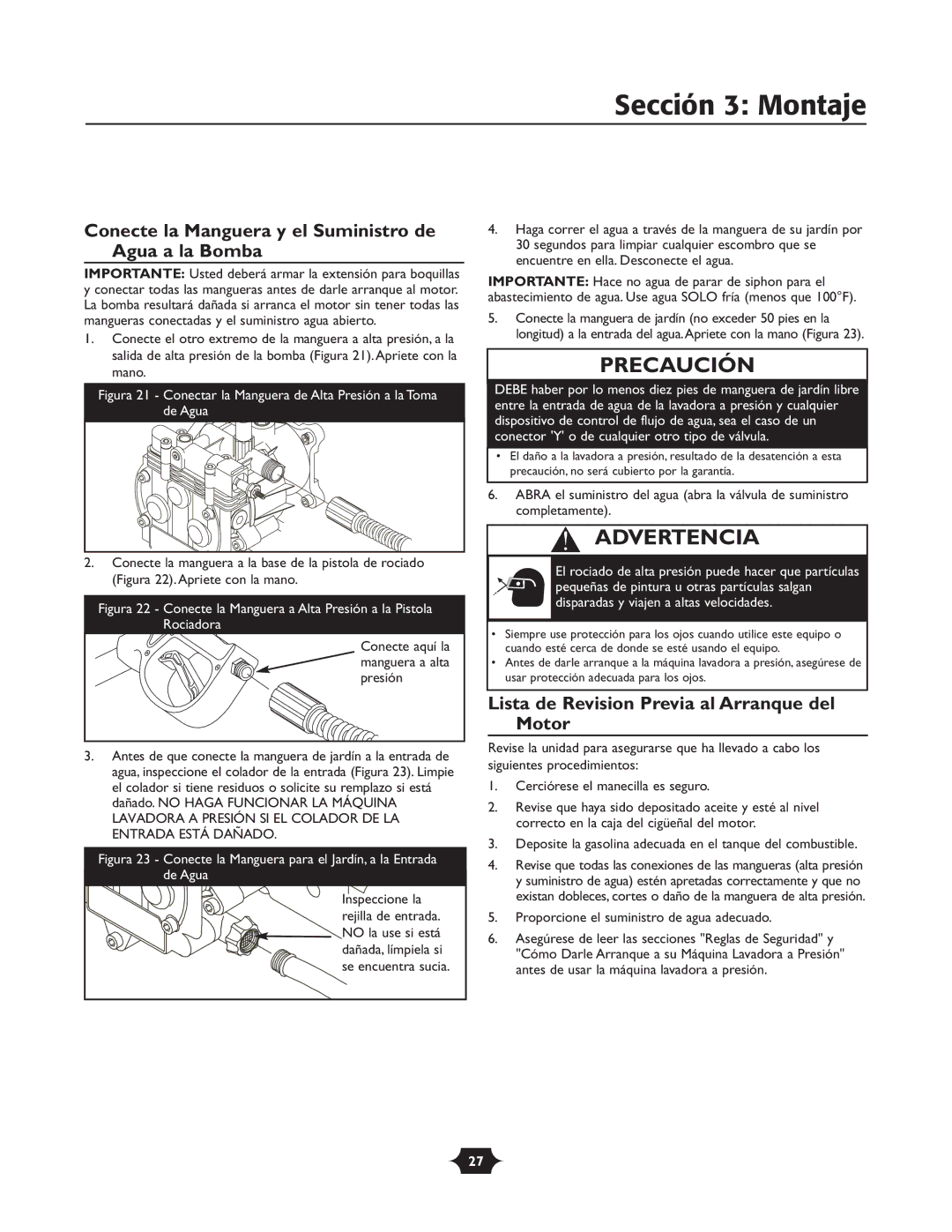 Troy-Bilt 020242-4 Conecte la Manguera y el Suministro de Agua a la Bomba, Lista de Revision Previa al Arranque del Motor 