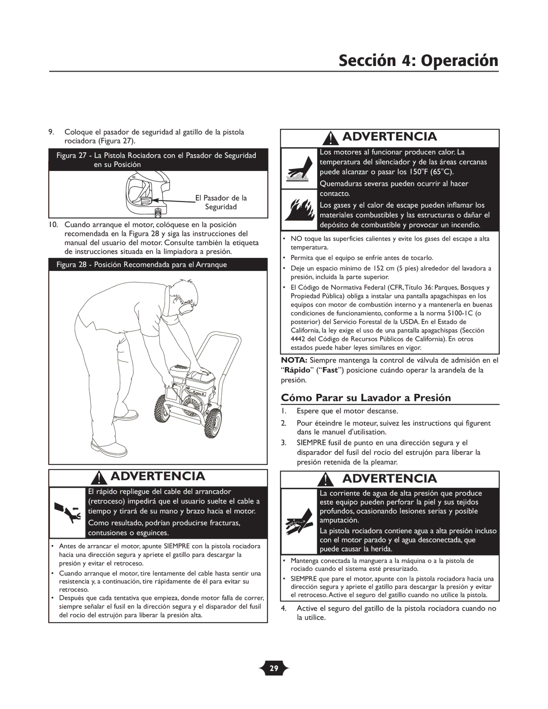 Troy-Bilt 020242-4 manual Sección 4 Operación, Cómo Parar su Lavador a Presión, El Pasador de la Seguridad 