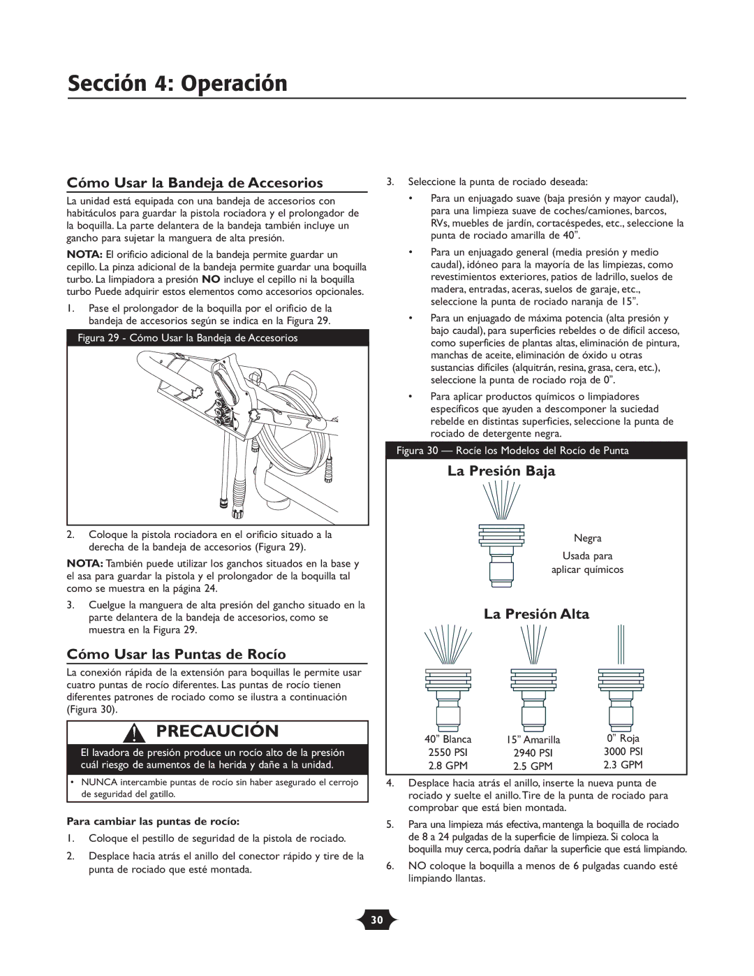 Troy-Bilt 020242-4 Cómo Usar la Bandeja de Accesorios, Cómo Usar las Puntas de Rocío, La Presión Baja, La Presión Alta 