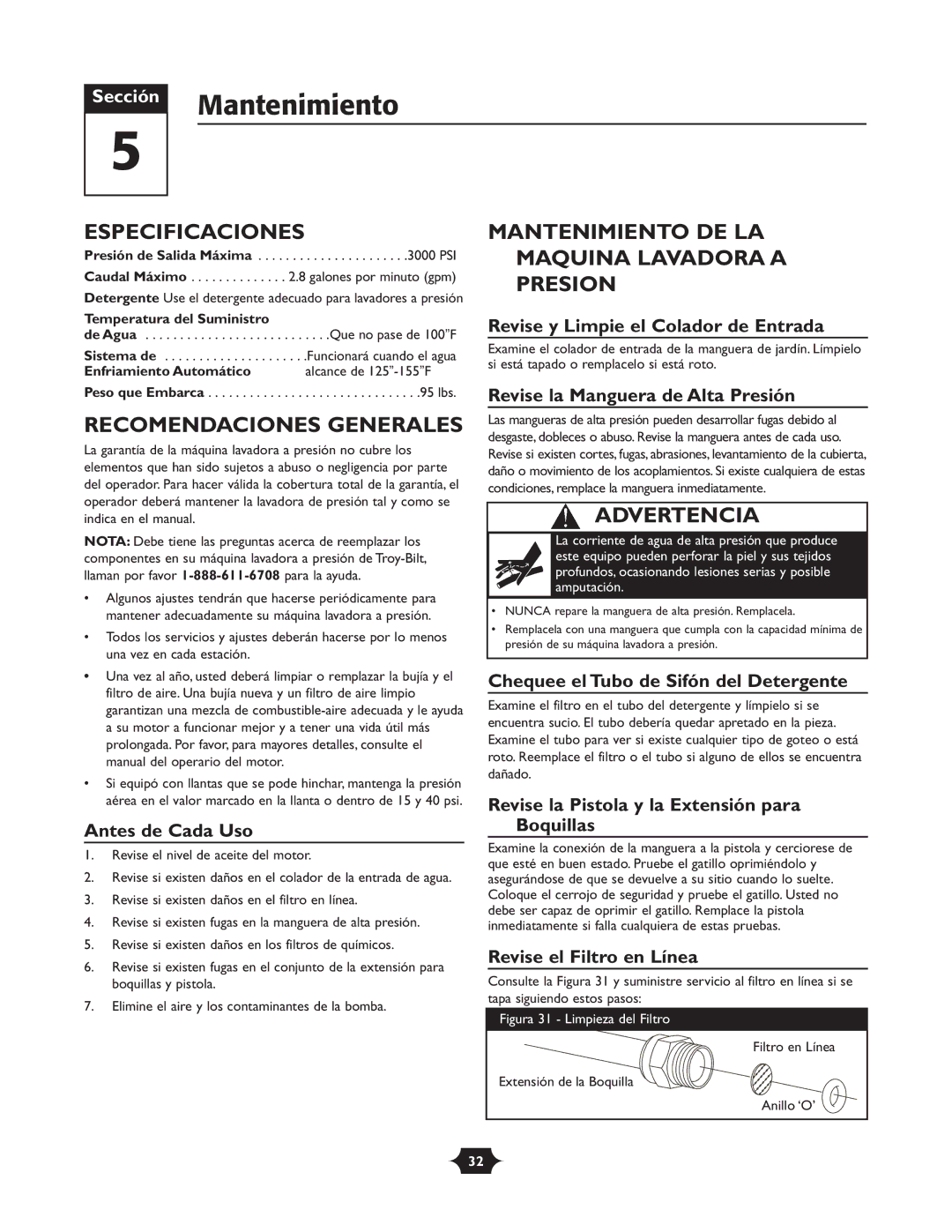 Troy-Bilt 020242-4 manual Mantenimiento, Especificaciones, Recomendaciones Generales 